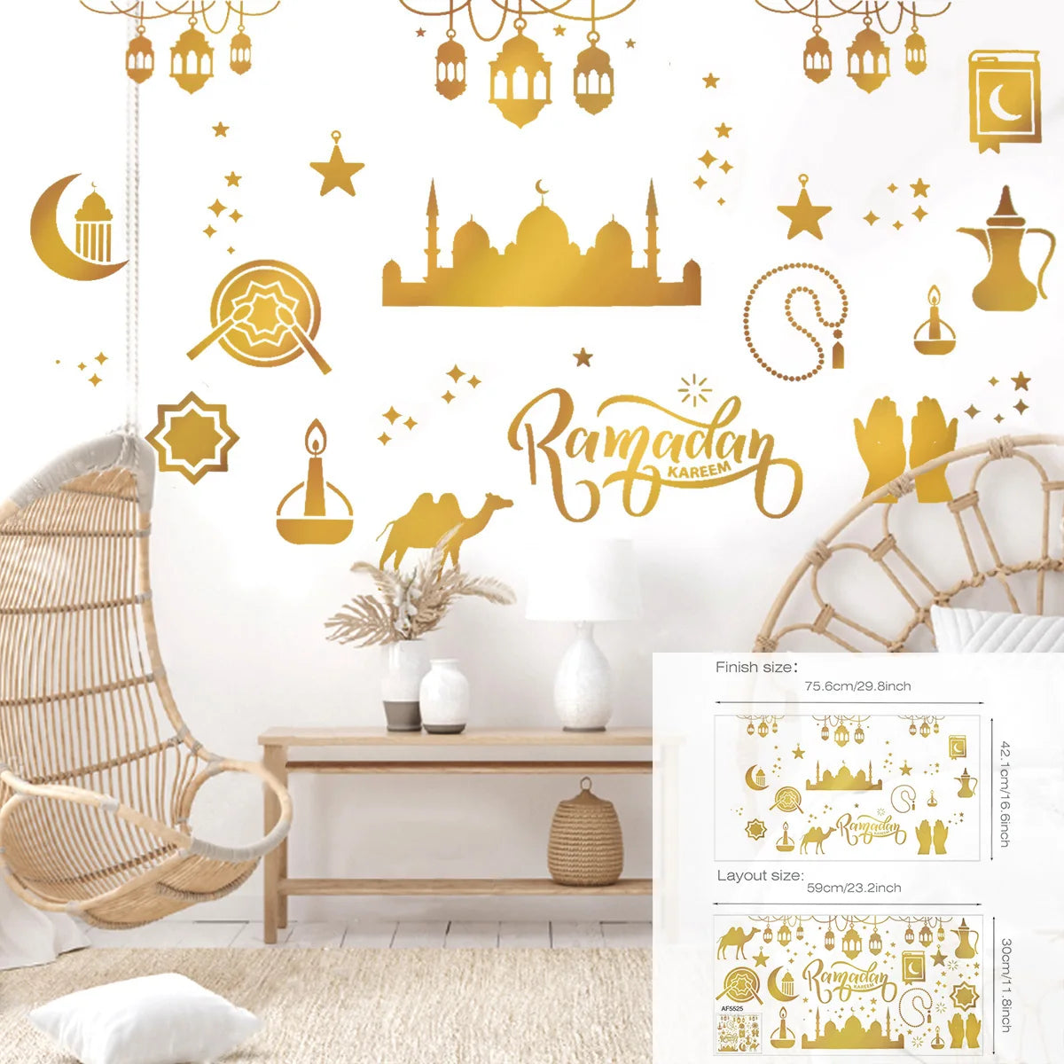 Ramadan Kareem Wandsticker — Goldener Mond, Sterne & Laternen