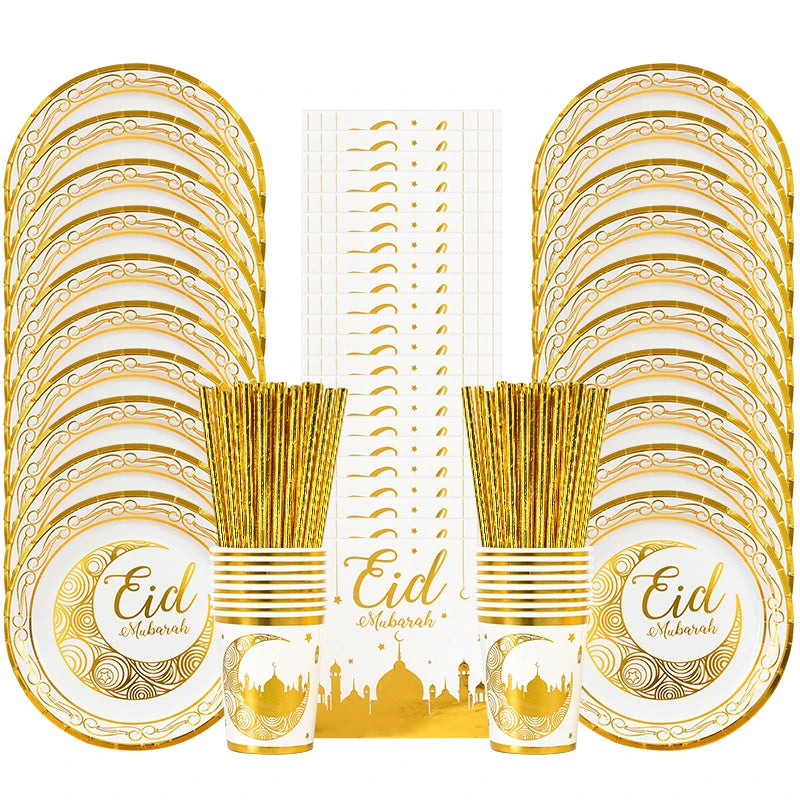 Eid Mubarak-festservice — hvide og gyldne tallerkener, krus og pynt