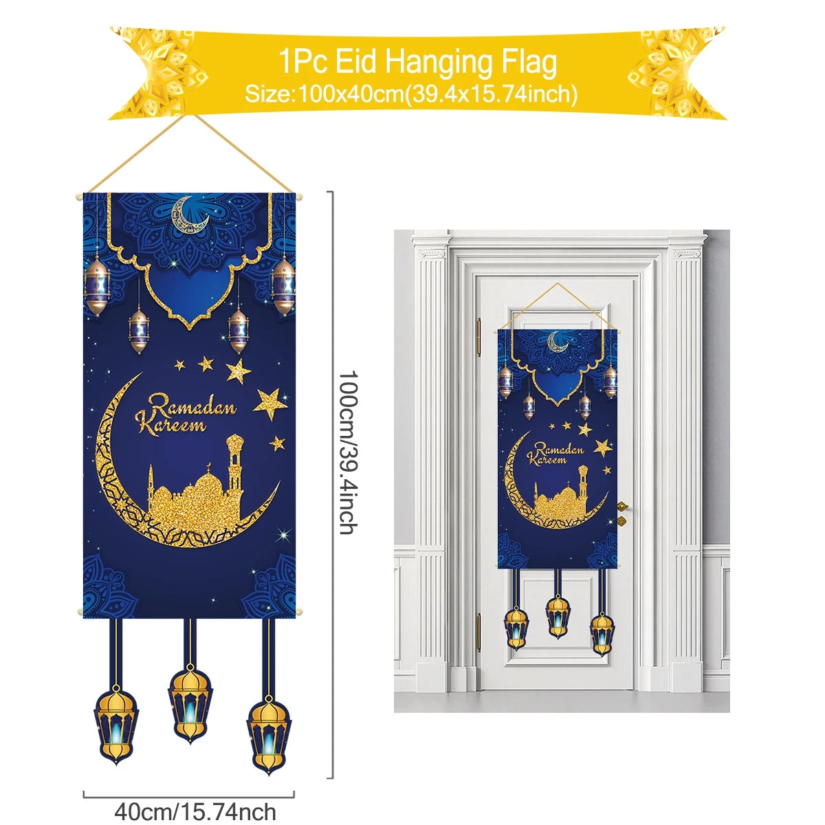 Ramadan Kareem Hanging Banner — Black & Gold Wall Flag
