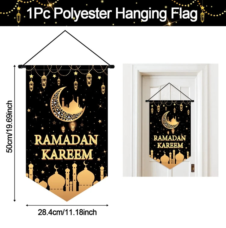 Ramadan Kareem Hanging Banner — Black & Gold Wall Flag