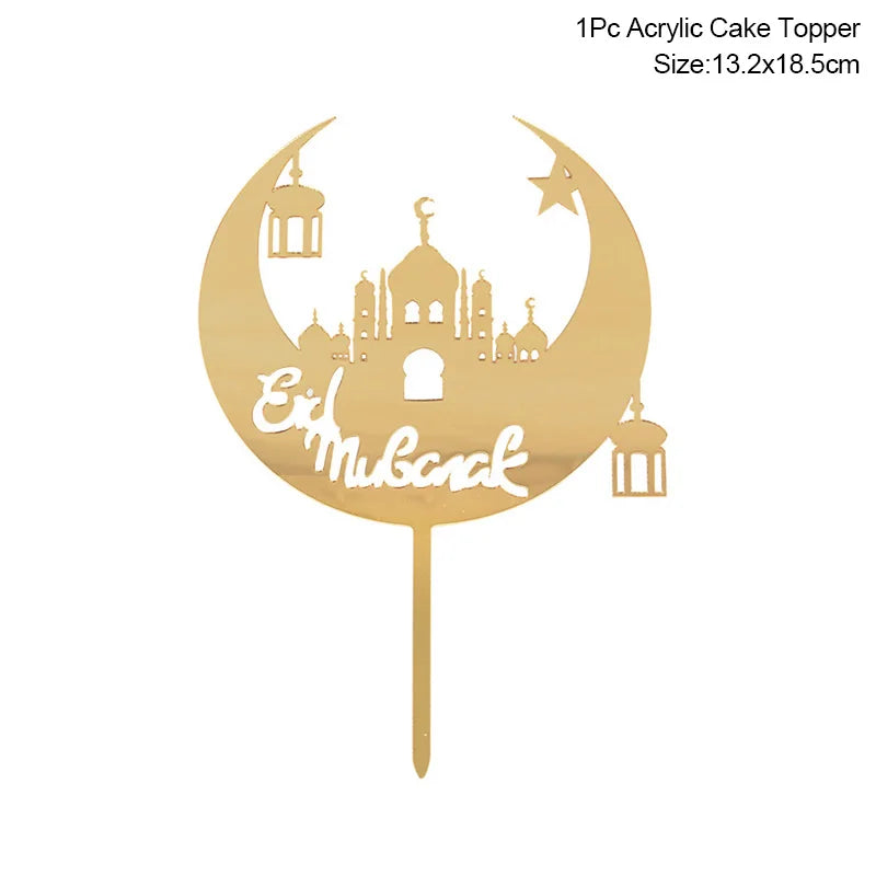 Eid Mubarak kagepynt — guld akryl til kager og cupcakes