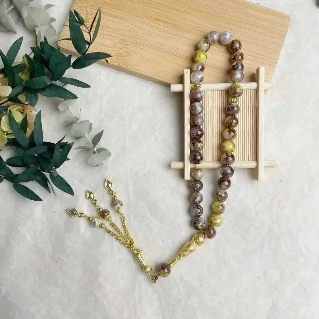 Tasbih med glasperler — 33 perler og guldkvast