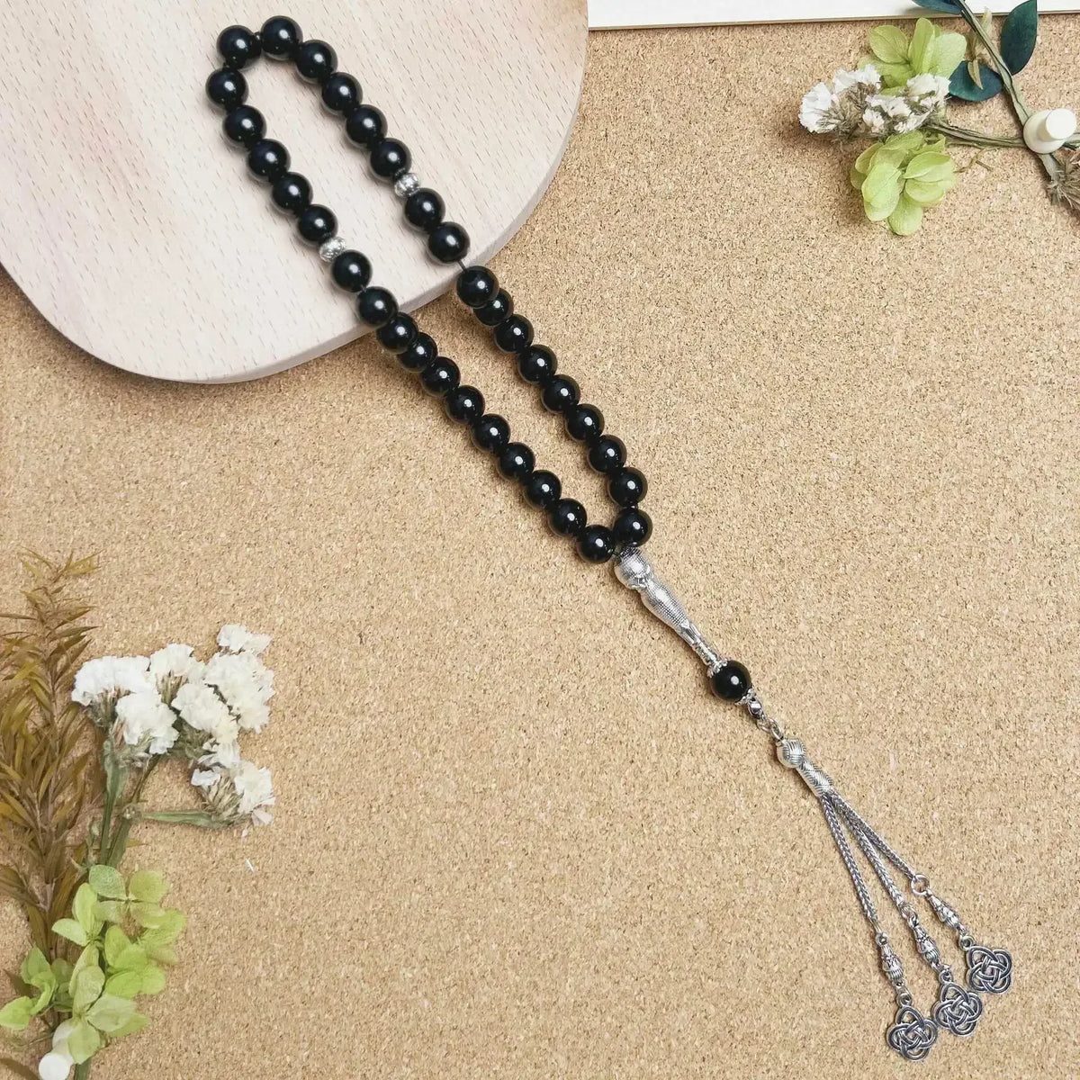 Tasbih med glasperler — 33 perler og guldkvast