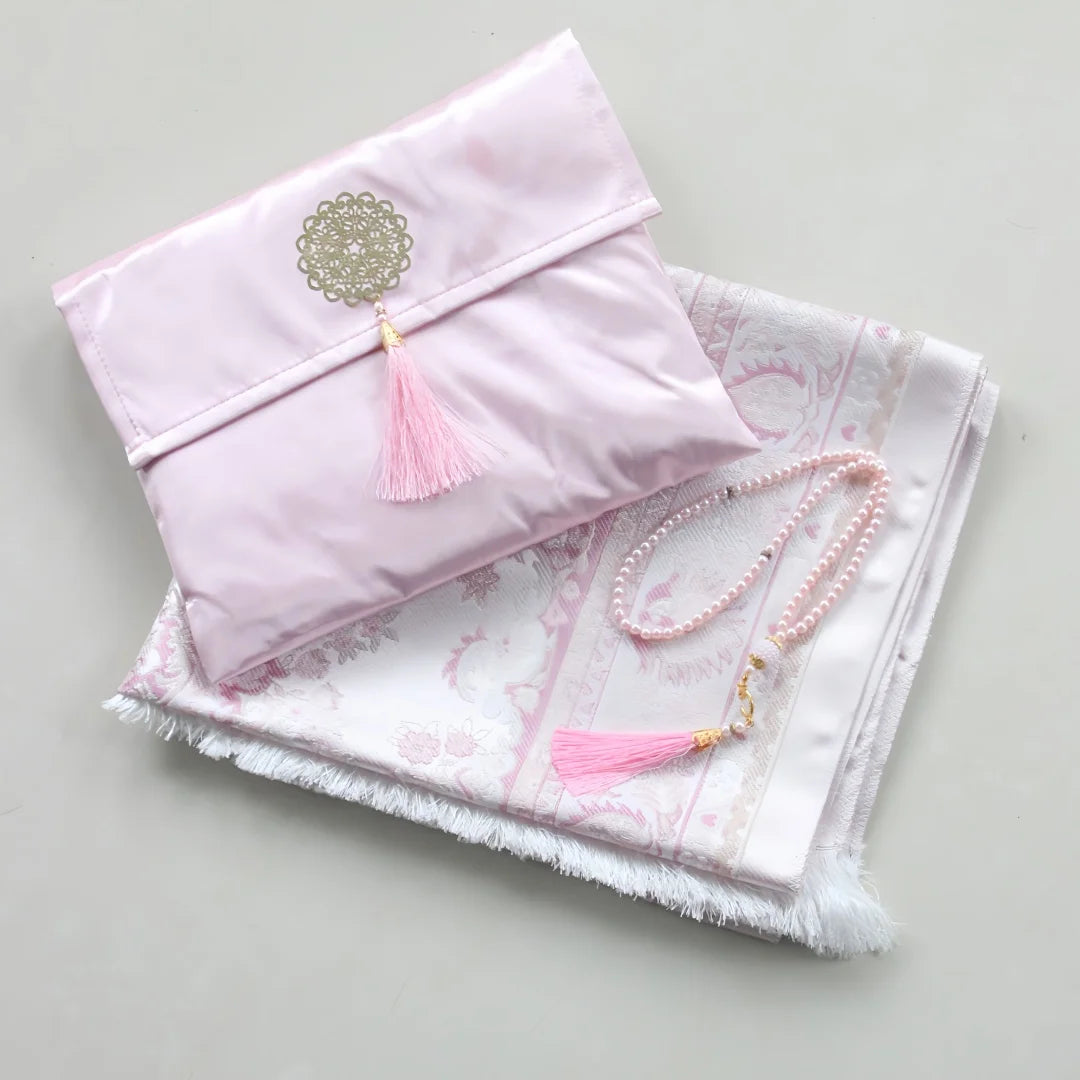 Satin Floral Prayer Set — Mat, Bag & 33-Bead Tasbih