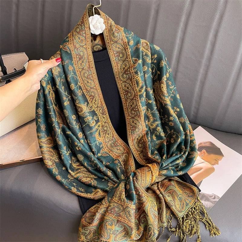 Paisley Pashmina Hijab — Soft, Warm Winter Scarf with Fringe