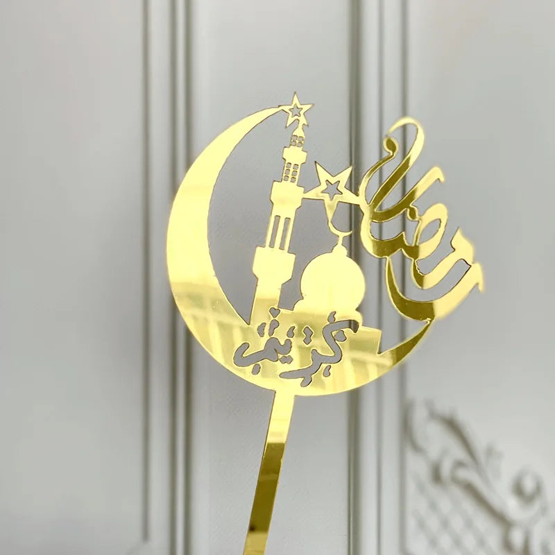 Eid Mubarak kagepynt — guld akryl til kager og cupcakes