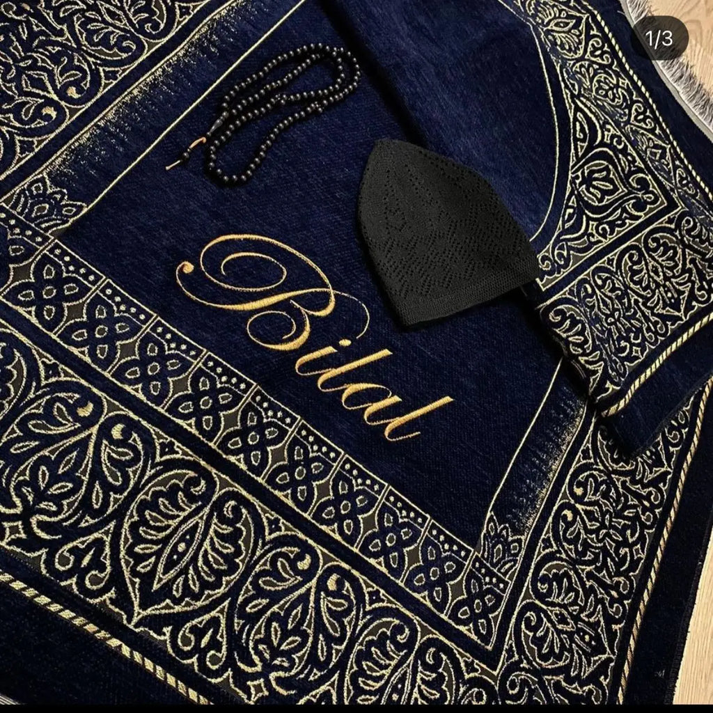 Custom Muslim Sets for Men Prayer Mat Gebedskleed Islam Personalized Name Embroidered Rug Husband Father Days Eid Ramadan Gift
